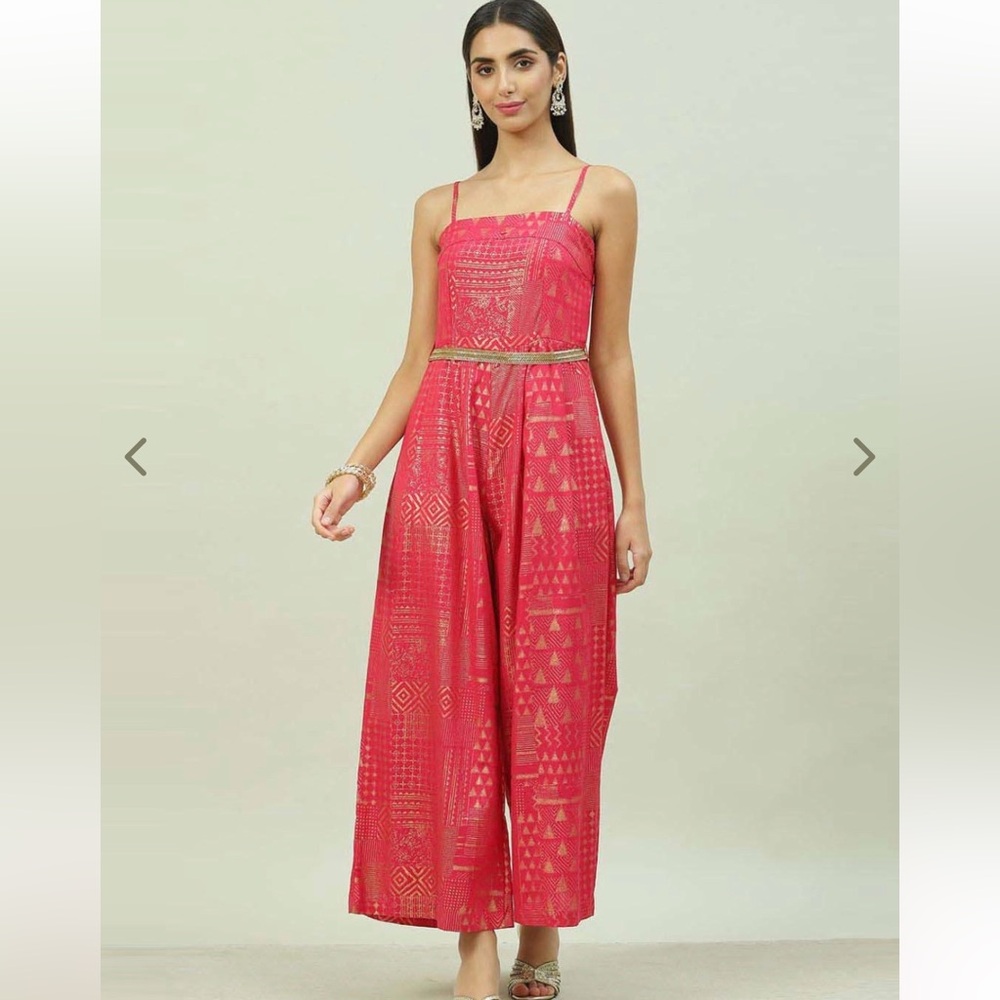 Pink and Gold Jumpsuit with Gold Waist Belt and Shrug - Picture 2 of 3